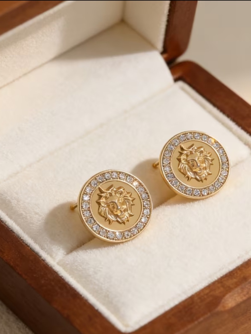 Gold Lion Medallion Stud Earrings